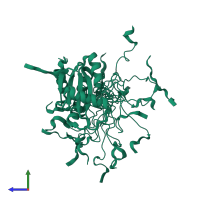 PDB entry 2ju5 coloured by chain, ensemble of 20 models, side view.