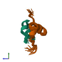 PDB entry 2juv coloured by chain, ensemble of 15 models, side view.
