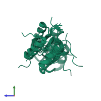 PDB entry 2jvi coloured by chain, ensemble of 10 models, side view.