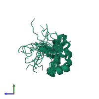 PDB entry 2jwo coloured by chain, ensemble of 20 models, side view.