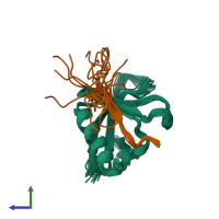 PDB entry 2k00 coloured by chain, ensemble of 20 models, side view.