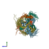 PDB entry 2k03 coloured by chain, ensemble of 20 models, side view.