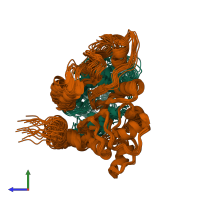 PDB entry 2k2q coloured by chain, ensemble of 18 models, side view.