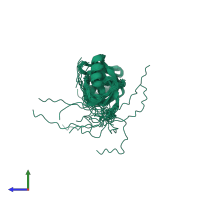 PDB entry 2k5i coloured by chain, ensemble of 20 models, side view.