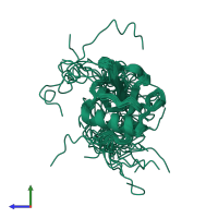 PDB entry 2k5r coloured by chain, ensemble of 20 models, side view.