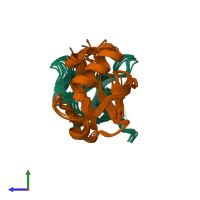 PDB entry 2k6d coloured by chain, ensemble of 8 models, side view.
