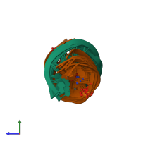 PDB entry 2k7e coloured by chain, ensemble of 10 models, side view.