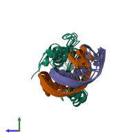 PDB entry 2k7f coloured by chain, ensemble of 4 models, side view.