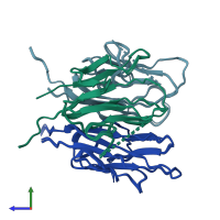 PDB entry 2ka3 coloured by chain, ensemble of 10 models, side view.