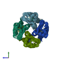 PDB entry 2kb1 coloured by chain, ensemble of 20 models, side view.