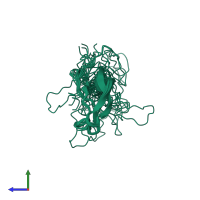 PDB entry 2kd3 coloured by chain, ensemble of 15 models, side view.