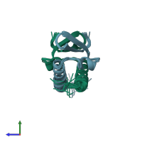 PDB entry 2kdd coloured by chain, ensemble of 10 models, side view.