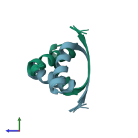 PDB entry 2kel coloured by chain, ensemble of 10 models, side view.