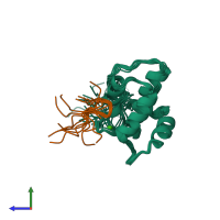 PDB entry 2kfh coloured by chain, ensemble of 10 models, side view.