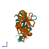 PDB entry 2kfk coloured by chain, ensemble of 20 models, side view.