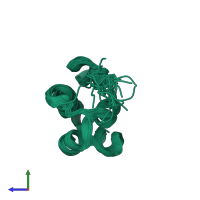 PDB entry 2kfv coloured by chain, ensemble of 20 models, side view.