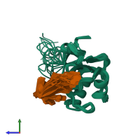 PDB entry 2kg0 coloured by chain, ensemble of 20 models, side view.