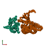 PDB entry 2kh2 coloured by chain, ensemble of 77 models, front view.