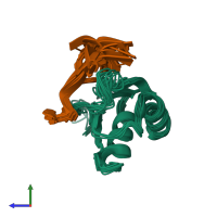 PDB entry 2kh9 coloured by chain, ensemble of 10 models, side view.