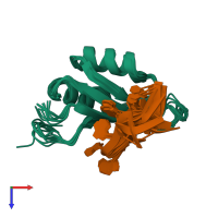 PDB entry 2kh9 coloured by chain, ensemble of 10 models, top view.