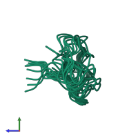 PDB entry 2kht coloured by chain, ensemble of 10 models, side view.