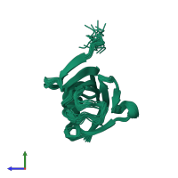 PDB entry 2ki3 coloured by chain, ensemble of 20 models, side view.