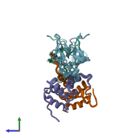 PDB entry 2ki4 coloured by chain, ensemble of 20 models, side view.