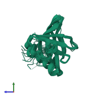 PDB entry 2kie coloured by chain, ensemble of 20 models, side view.