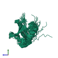 PDB entry 2kj6 coloured by chain, ensemble of 20 models, side view.