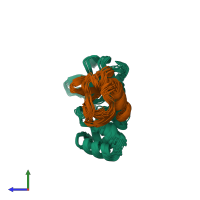 PDB entry 2kjh coloured by chain, ensemble of 16 models, side view.