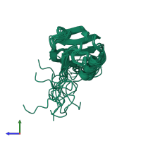 PDB entry 2kjk coloured by chain, ensemble of 10 models, side view.