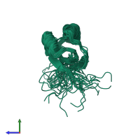 PDB entry 2kjv coloured by chain, ensemble of 20 models, side view.