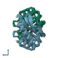 PDB entry 2kjz coloured by chain, ensemble of 20 models, side view.