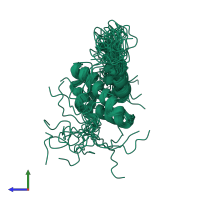 PDB entry 2kkp coloured by chain, ensemble of 20 models, side view.