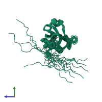 PDB entry 2kkz coloured by chain, ensemble of 20 models, side view.