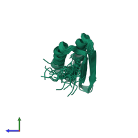 PDB entry 2kl8 coloured by chain, ensemble of 20 models, side view.