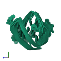 PDB entry 2km3 coloured by chain, ensemble of 10 models, side view.