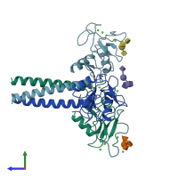 PDB entry 2kmb coloured by chain, side view.
