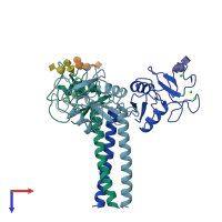 PDB entry 2kmb coloured by chain, top view.