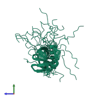 PDB entry 2kmc coloured by chain, ensemble of 20 models, side view.