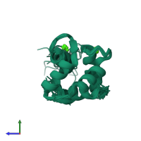 PDB entry 2kn2 coloured by chain, ensemble of 30 models, side view.