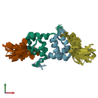 PDB entry 2kn7 coloured by chain, ensemble of 20 models, front view.