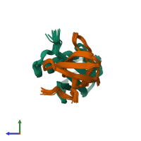 PDB entry 2knb coloured by chain, ensemble of 20 models, side view.