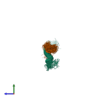 PDB entry 2knc coloured by chain, ensemble of 20 models, side view.