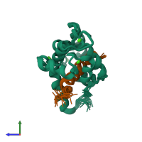 PDB entry 2kne coloured by chain, ensemble of 20 models, side view.