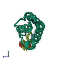 PDB entry 2kop coloured by chain, ensemble of 20 models, side view.