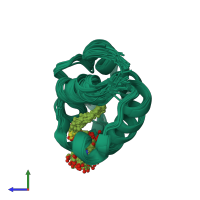 PDB entry 2kos coloured by chain, ensemble of 20 models, side view.