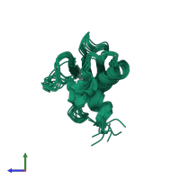 PDB entry 2kou coloured by chain, ensemble of 10 models, side view.