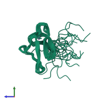 PDB entry 2kpi coloured by chain, ensemble of 20 models, side view.