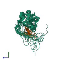 PDB entry 2kpl coloured by chain, ensemble of 20 models, side view.